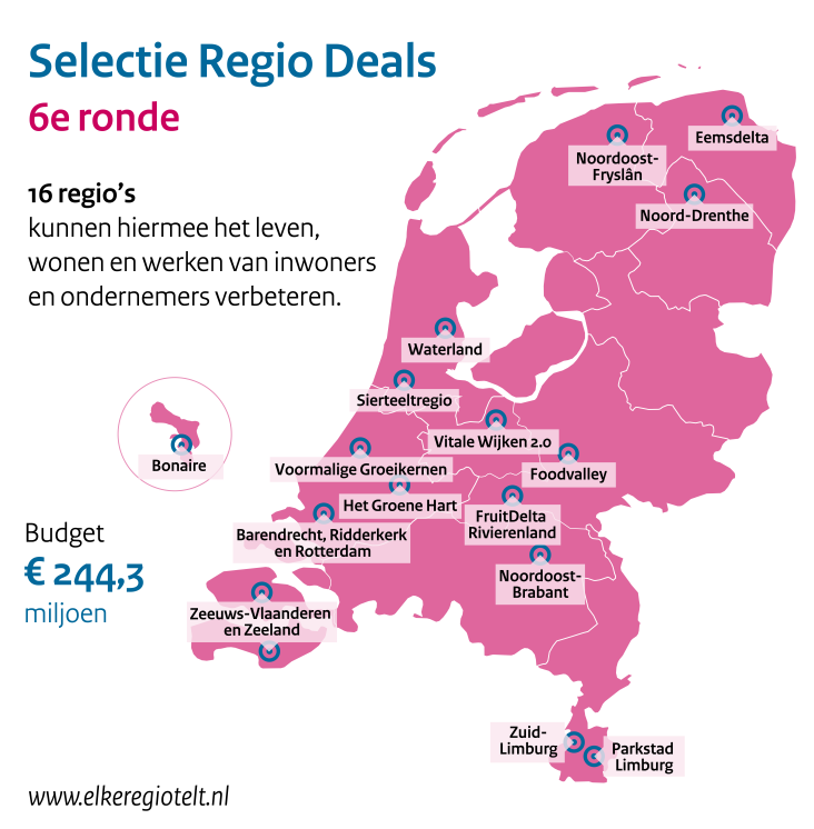 Kaart van Nederland waarop de regio's van Nederland te zien zijn die een bijdrage krijgen van het Rijk vanuit de Regiodeals